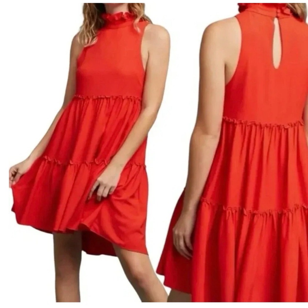 Elliatt Red Tiered Ruffle High Neck Babydoll Mini Dress XS E2081773